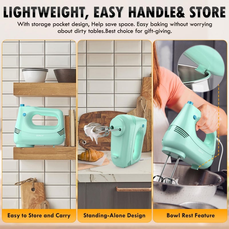 GUALIU Electric Hand Mixer with Stainless Steel Whisk, Dough Hook Attachment and Storage Bag, Handheld Mixer for Baking Cakes, Eggs, Cream Food Mixers. Turbo Boost /5 Speed Kitchen Blender GREEN - Image 5